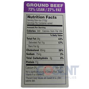 Meat Label Ground Beef 73% Lean 27% Fat  1.5"x3"  1m/rl GGBC-73