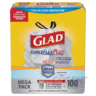 Can Liner 13gal .95mil Wht Glad Forceflex Drawstring 100/cs