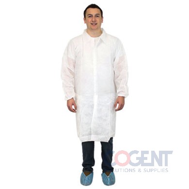 Lab Coat Medium White PP No Pocket Elast Wrist 30/cs